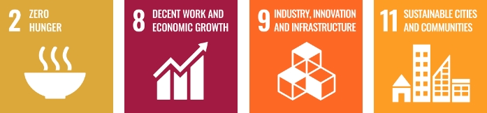 2 Zero Hunger 8 Decent work and economic growth 9 Industry, innovation and infrastructure 11 Sustainable cities and communities